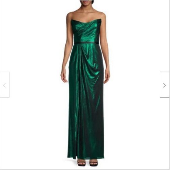 NWT Marchesa Notte Emerald Strapless Metallic Lame Gown Dress 4 - Picture 1 of 11